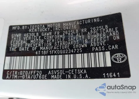 2016 Toyota Camry Se z USA, uszkodzony, nr VIN 4T1BF1FK0GU234725